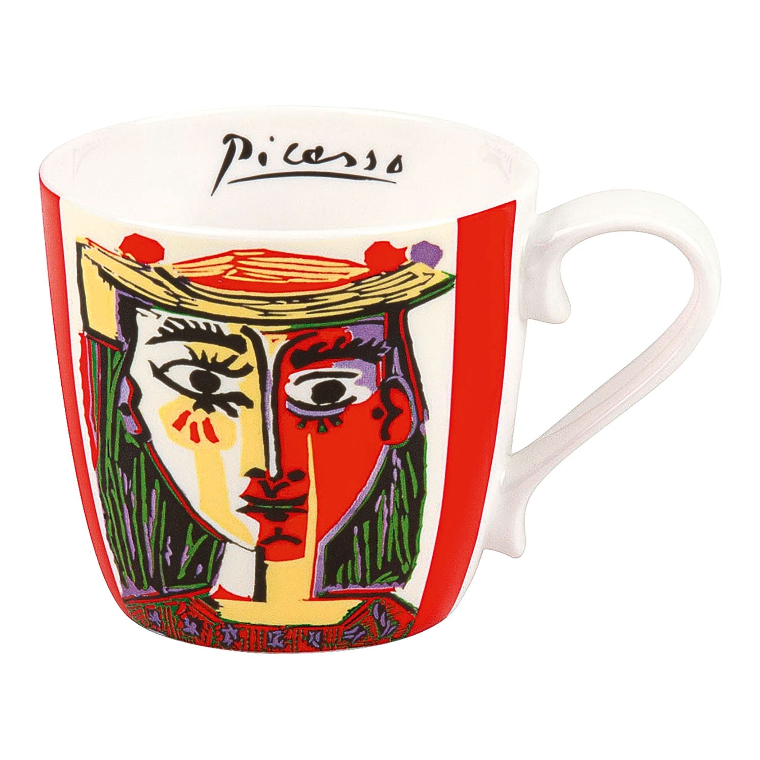 Eine weiße Tasse aus dem vierteiligen Tassenset mit Künstlermotiven zeigt ein lebendiges abstraktes Gesichtsdesign in Rot, Gelb, Grün und Schwarz. Inspiriert von Picassos Stil, zeigt sie die für Pablo Picassos Tassen typischen kräftigen Linien auf der Oberfläche.