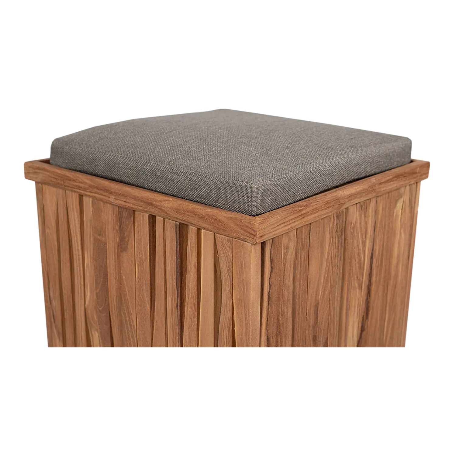 Teak Box Hocker Oxford mit grauem gepolsterten Sitz und stilvollem Bild Wrapper.