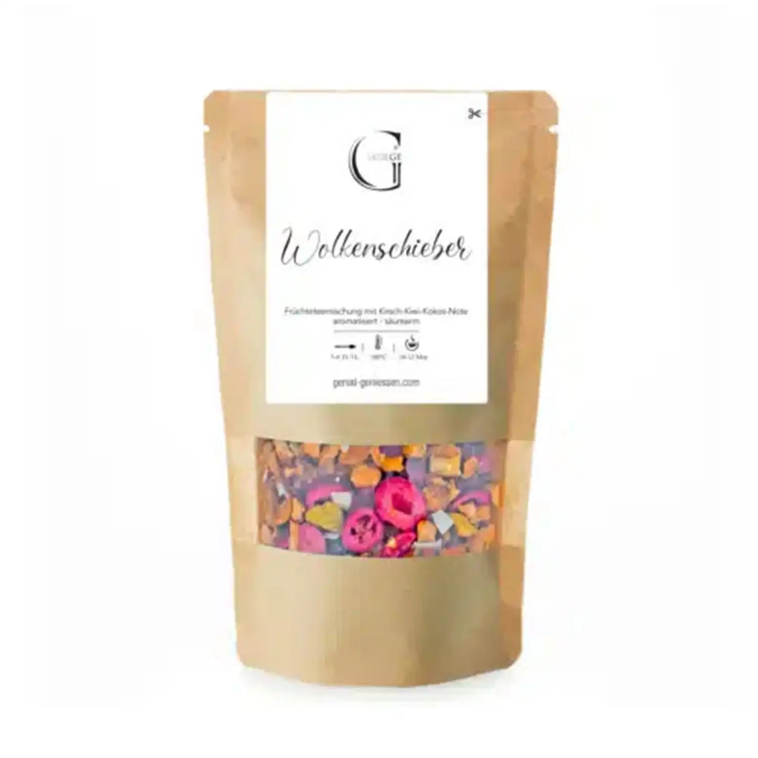 Ein brauner Beutel mit der Aufschrift Wollenschieber, in dem bunte Trockenfrüchte sichtbar sind.