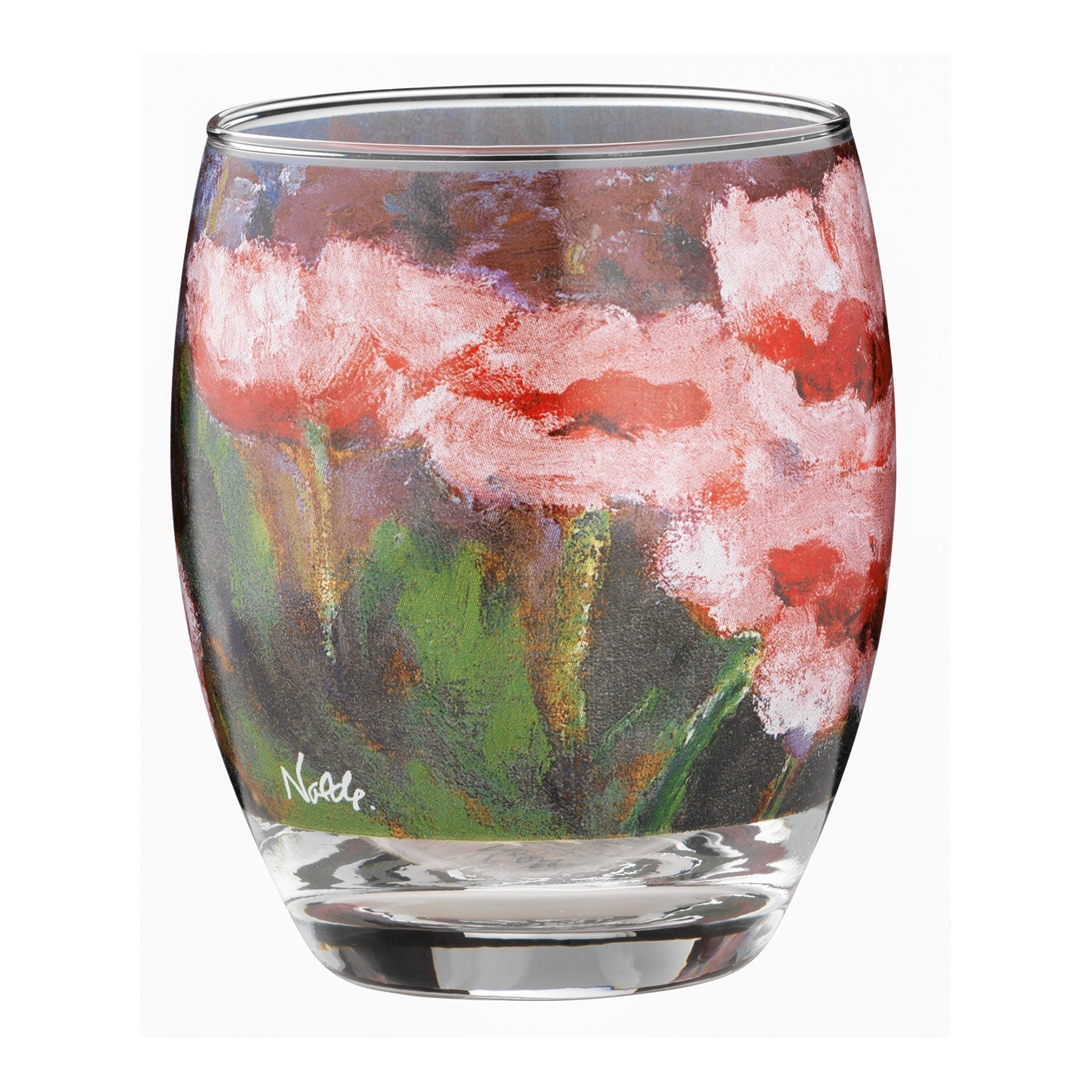 Die Drei Teelichtergläser „Blumen“ bestehen aus klarem Glas mit aufgemalten rosa Blüten und grünen Blättern und spiegeln Emil Noldes lebendigen Stil wider. Kräftige Pinselstriche und lebendige Farben bestechen, mit einer weißen Signatur auf dem Boden – perfekt für alle Kunstliebhaber, die mit Teelichtern leuchten möchten.