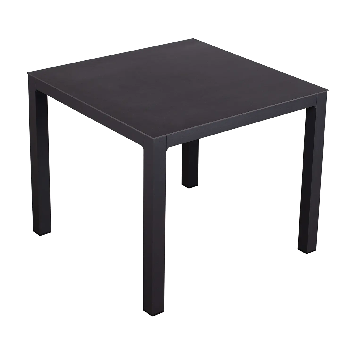 Der minimalistische Tisch Tarifa ist ein schlichter, schwarzer, quadratischer Tisch mit vier stabilen Beinen. Seine glatte Oberfläche glänzt dezent vor dem schlichten, weißen Hintergrund.