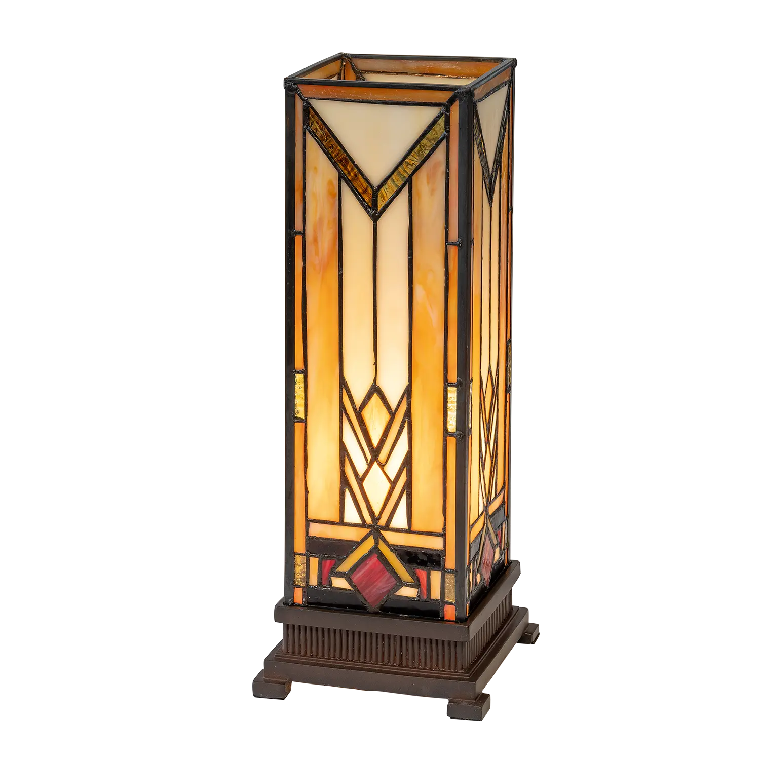 Tischlampe im Tiffany-Stil mit geometrischen Mustern, orangefarbenem Glas und braunem Sockel.