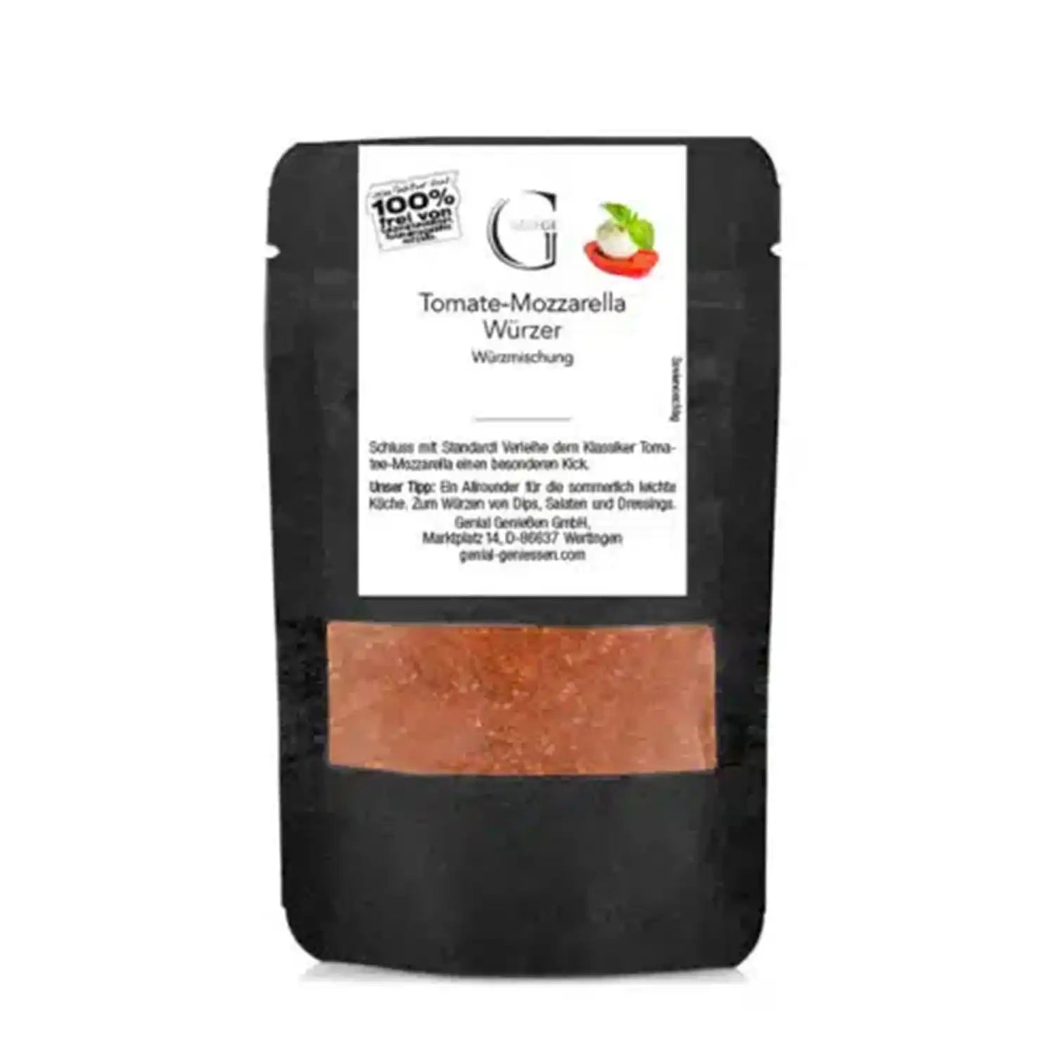 Ein schwarzer Beutel mit einer Tomaten-Mozzarella-Würzmischung mit weißem Etikett.