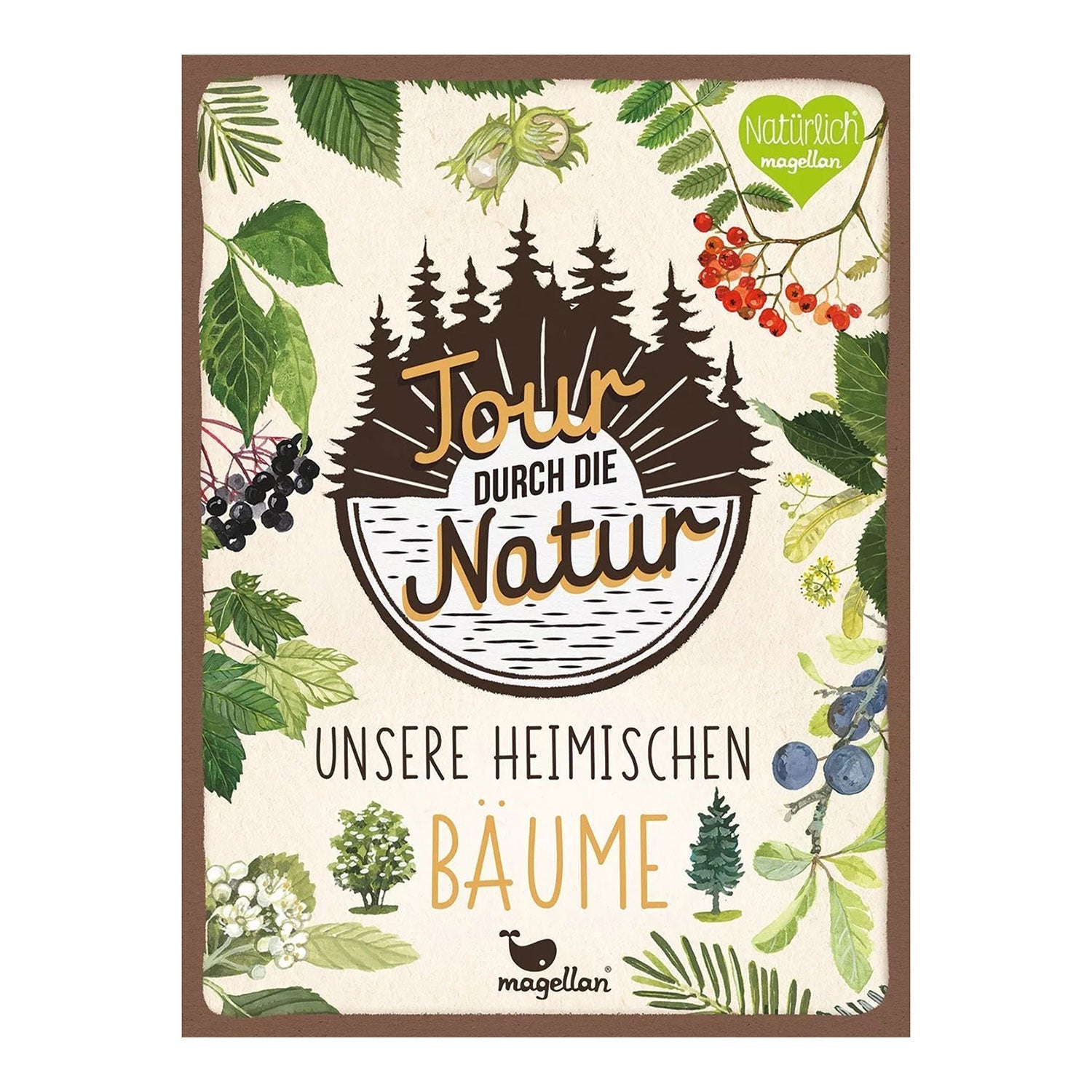 Buchumschlag für "Tour durch die Natur - Unsere heimischen Bäume" mit Blattmotiven.
