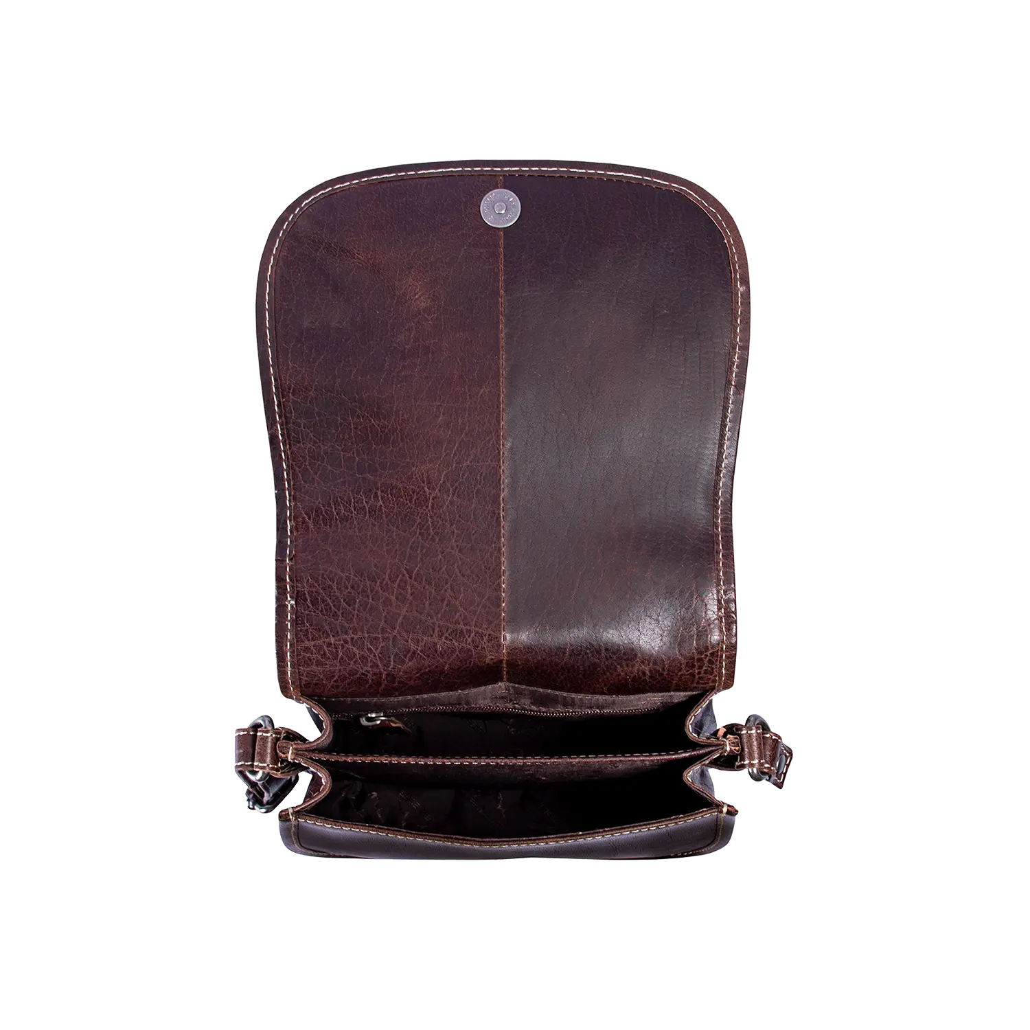 Entdecken Sie die Umhängetasche VRONI hair on, eine braune Leder-Crossbody-Tasche von Alpenleder. Sie verfügt über einen verstellbaren Riemen, eine glatte Oberfläche mit sichtbaren Nähten, einen Magnetverschluss, ein gefüttertes Innenfutter und eine Innentasche zur Organisation.