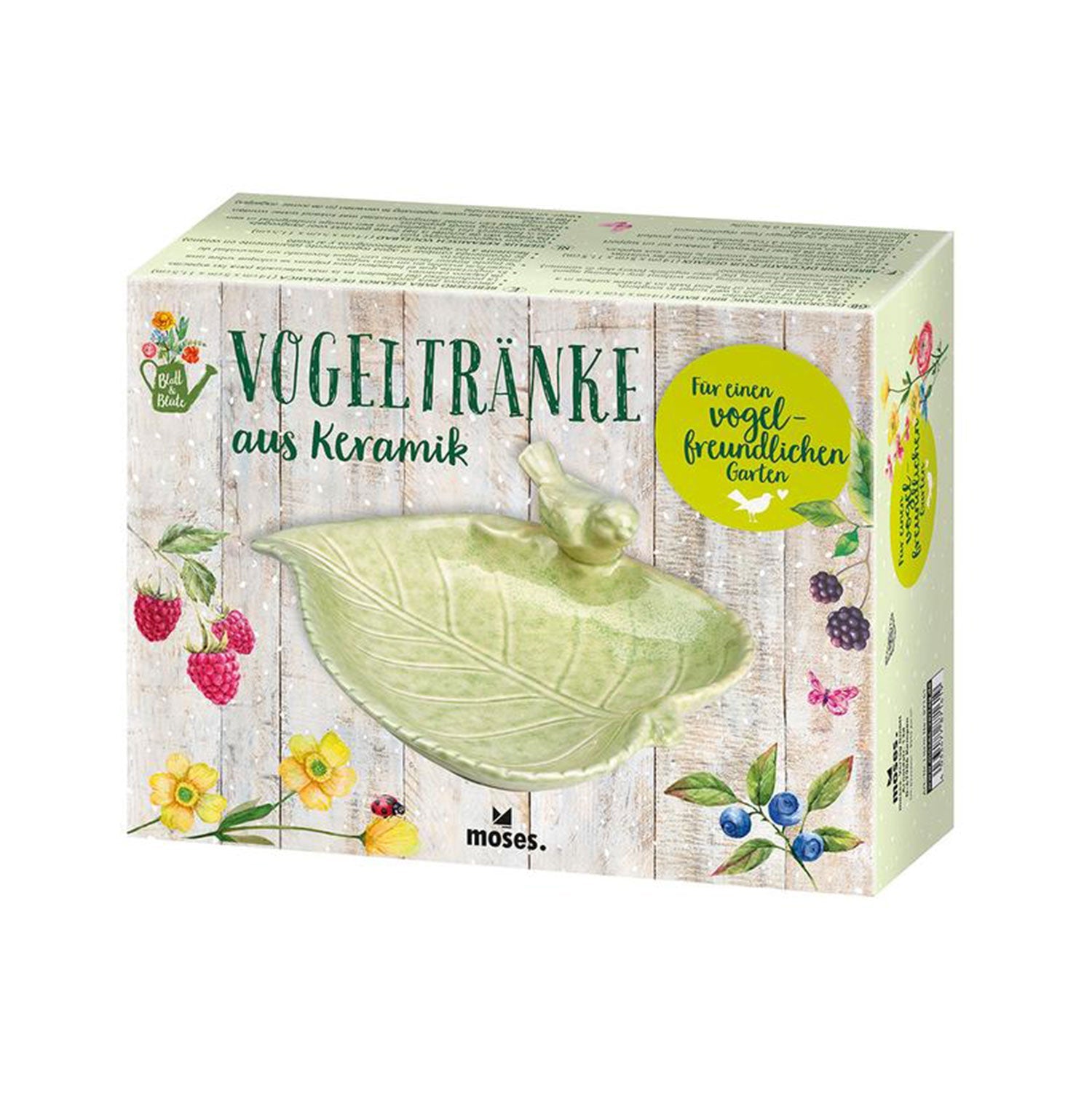 Schachtel mit Vogeltränken für den Garten mit Blatt- und Vogelmotiv, deutscher Text auf der Schachtel.