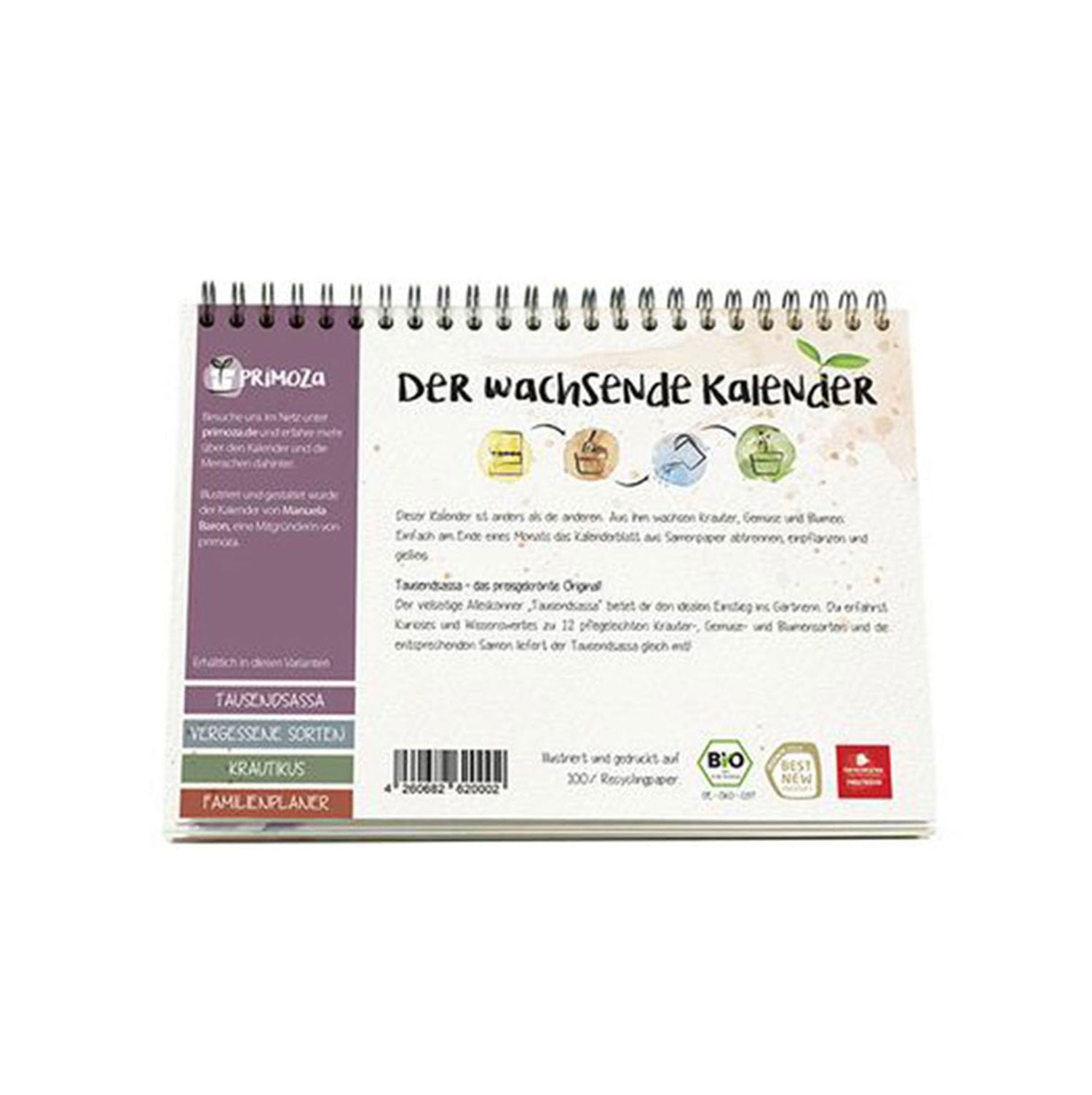Der spiralgebundene Tischkalender „Der wachsende Kalender“ präsentiert farbenfrohe Pflanzenillustrationen und Texte zu Pflanzeneigenschaften. Sein grünes, umweltfreundliches Logo und die mit Samen angereicherten Seiten unterstreichen das einzigartige Design des einpflanzbaren Kalenders für Nachhaltigkeit.