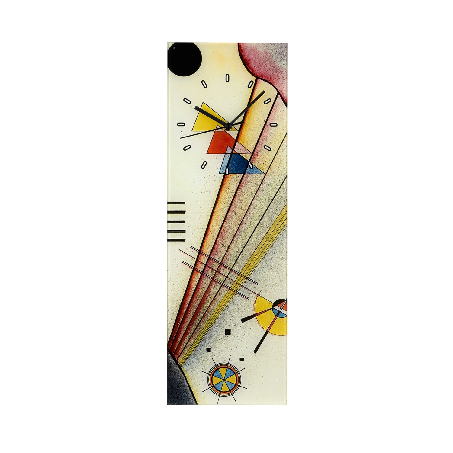 Die Wanduhr „Deutsche Verbindung“ zeigt geometrische Formen in leuchtendem Gelb, Blau und Rot. Mit Dreiecken, Kreisen und Linien auf weißem Hintergrund entsteht eine dynamische und moderne Komposition, die an ein abstraktes Kunstwerk erinnert.