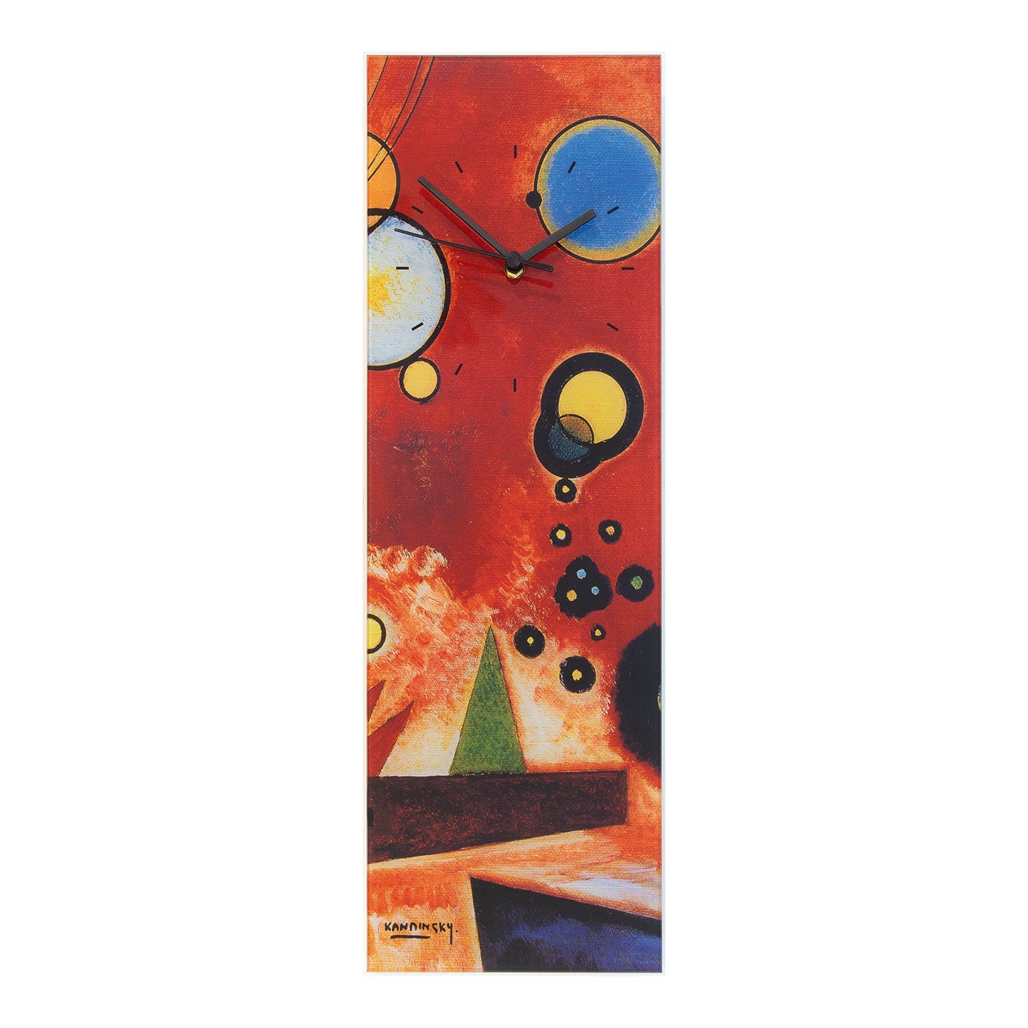 Die Wanduhr „Schweres Rot“ besticht durch einen leuchtend roten Hintergrund, inspiriert von Kandinsky, mit geometrischen Formen wie Kreisen und Dreiecken in Gelb, Blau und Grün. Rote Uhrzeiger heben sich von dem dynamischen, abstrakten Design ab.