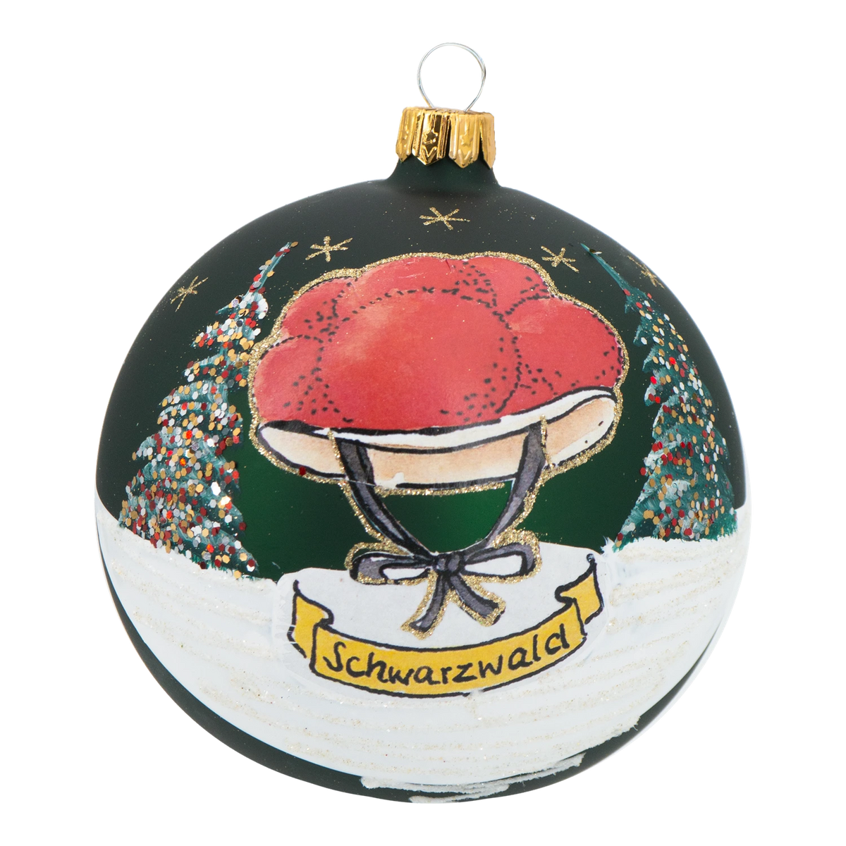 Dunkelgrüne Weihnachtskugel mit rotem Bollenhut und Schriftzug Schwarzwald