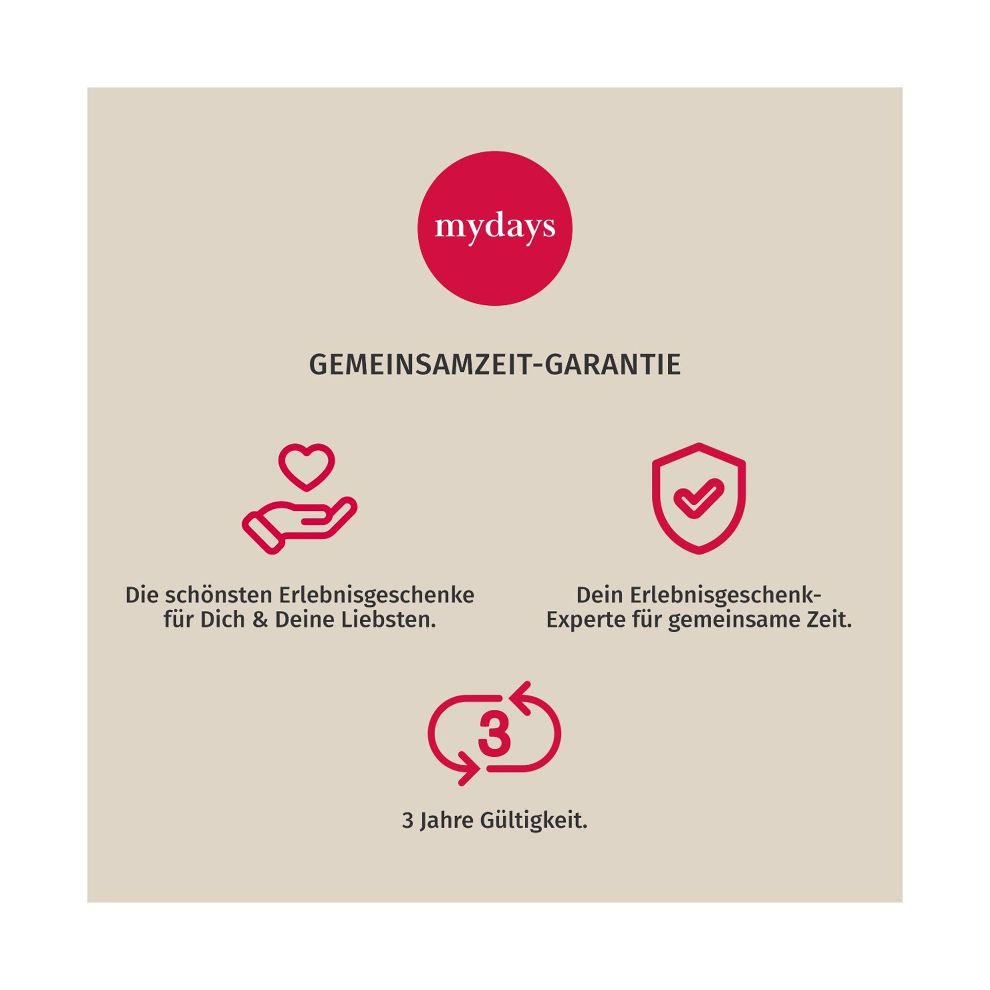 Ein beiges Plakat zeigt oben einen roten Kreis mit der Aufschrift „mydays“. Darunter steht „GEMEINSAMZEIT-GARANTIE“ mit den Symbolen Hand-Herz, Schild und Uhr. Es wirbt für Geschenke für die Liebsten aus der Erlebnis-Box Wellnesshotels at Spa-Bereiche mit 3-jähriger Gültigkeit.
