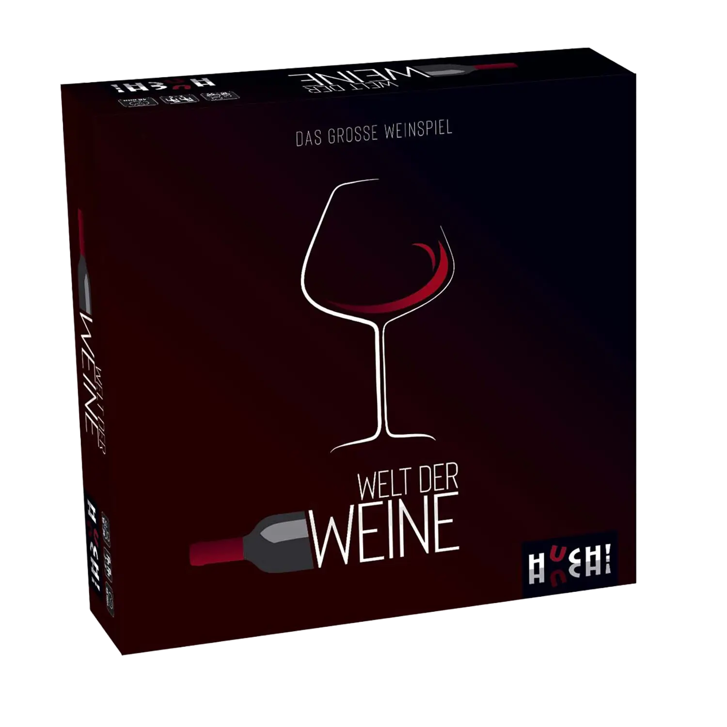 Welt der Weine Brettspielbox mit einem Weinglas und einer Flasche im Design.