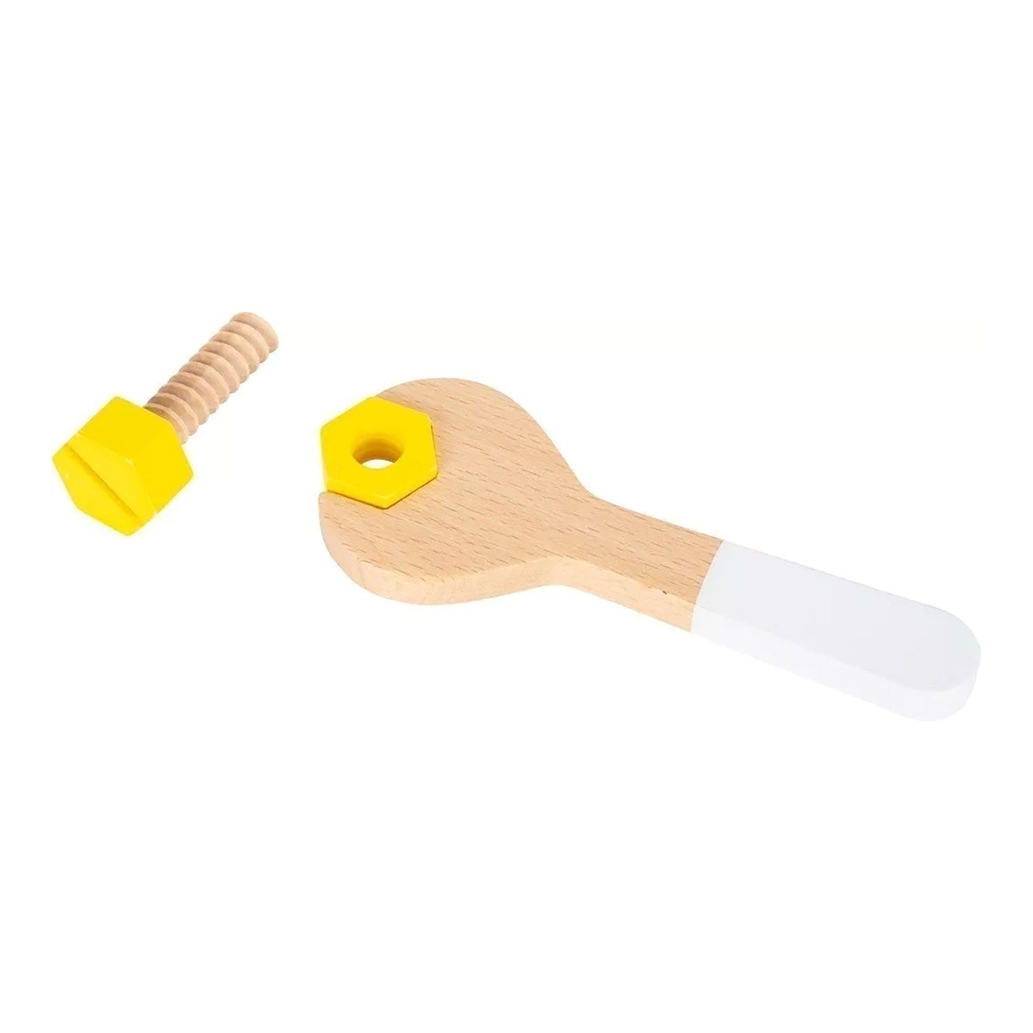 Holzspielzeug Schraubenschlüssel und Schraube von Kinder Werkzeugkoffer aus Holz mit gelben Akzenten.