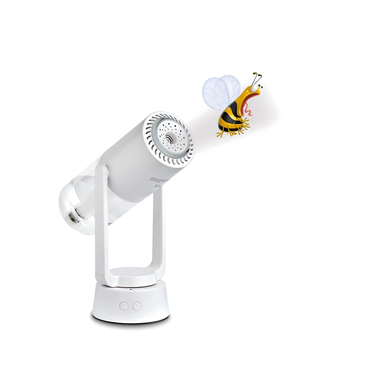 Eine Cartoon-Biene auf der Flucht vor einem Wespenvertreiber Maxi auf weißem Hintergrund.