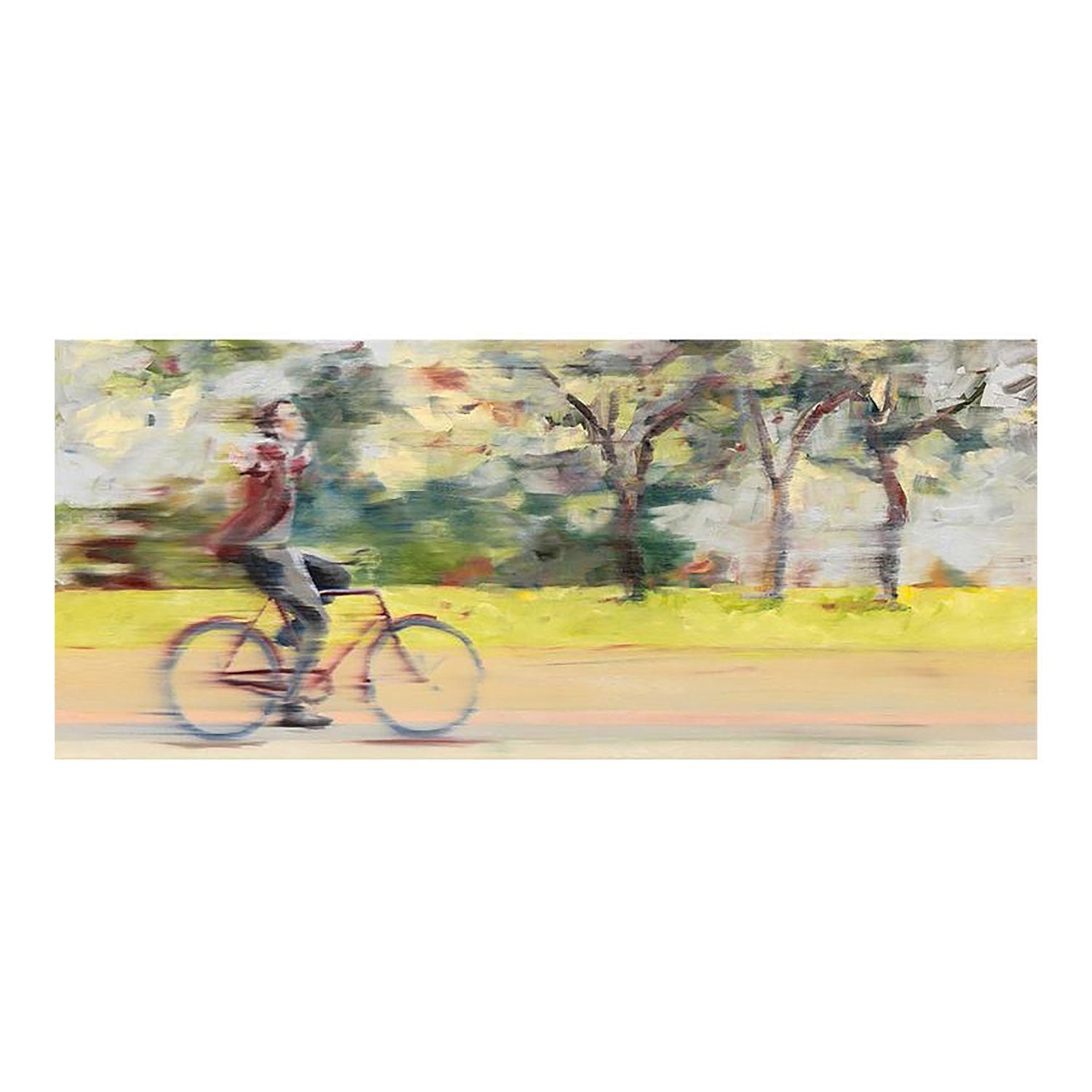 „Wind Blowing in my Face“, ein verschwommenes impressionistisches Gemälde von Anja Struck Kunst, zeigt eine Person, die zwischen Bäumen mit üppigem grünem und gelbem Laub nach links radelt. Dieses atmosphärische Kunstwerk evoziert Geschwindigkeit und Bewegung und vermittelt in seiner limitierten Auflage ein lebendiges Gefühl von Freiheit.