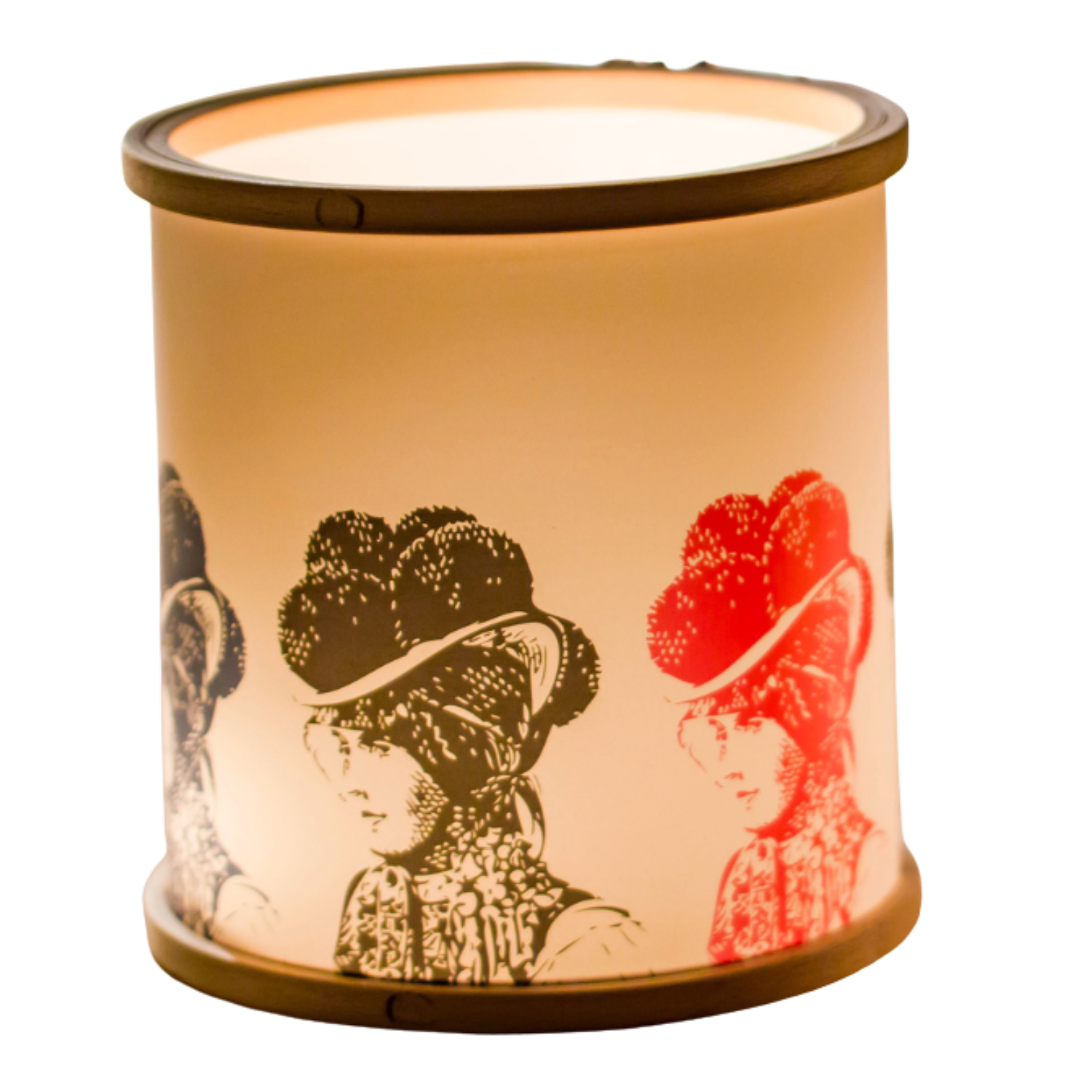 Windlicht "Stitch Light": Zylindrisch, mit Vintage-Frauenporträts und rotem Akzent.