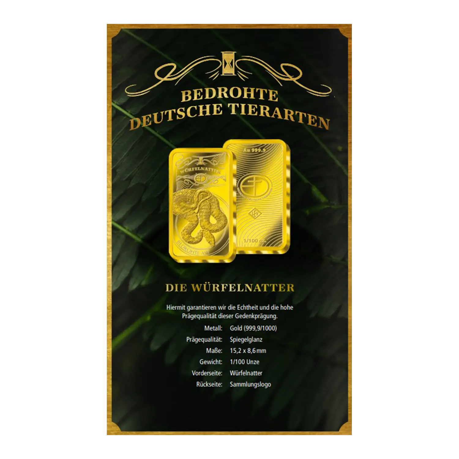 Goldbarren Bedrohte Tierarten Würfelnatter, 9 Feingold 999, Blattmotiv.