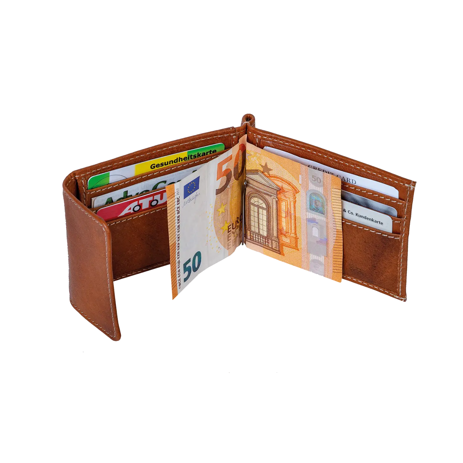 Geöffneter Geldbeutel ZASTER mit Euro-Banknoten und verschiedenen Karten darin.