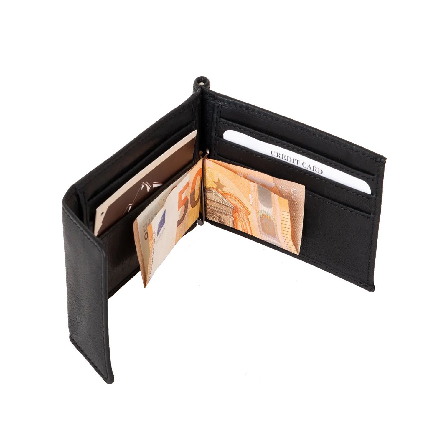 Offener schwarzer Geldbeutel ZASTER mit Euro-Noten und sichtbarem Kartenschlitz.