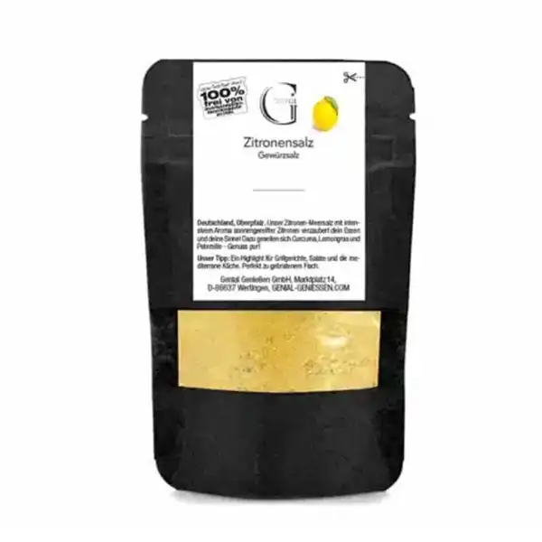 Schwarzer Beutel mit der Aufschrift Zitronensalz und einem Sichtfenster mit gelbem Zitronensalz im Inneren.