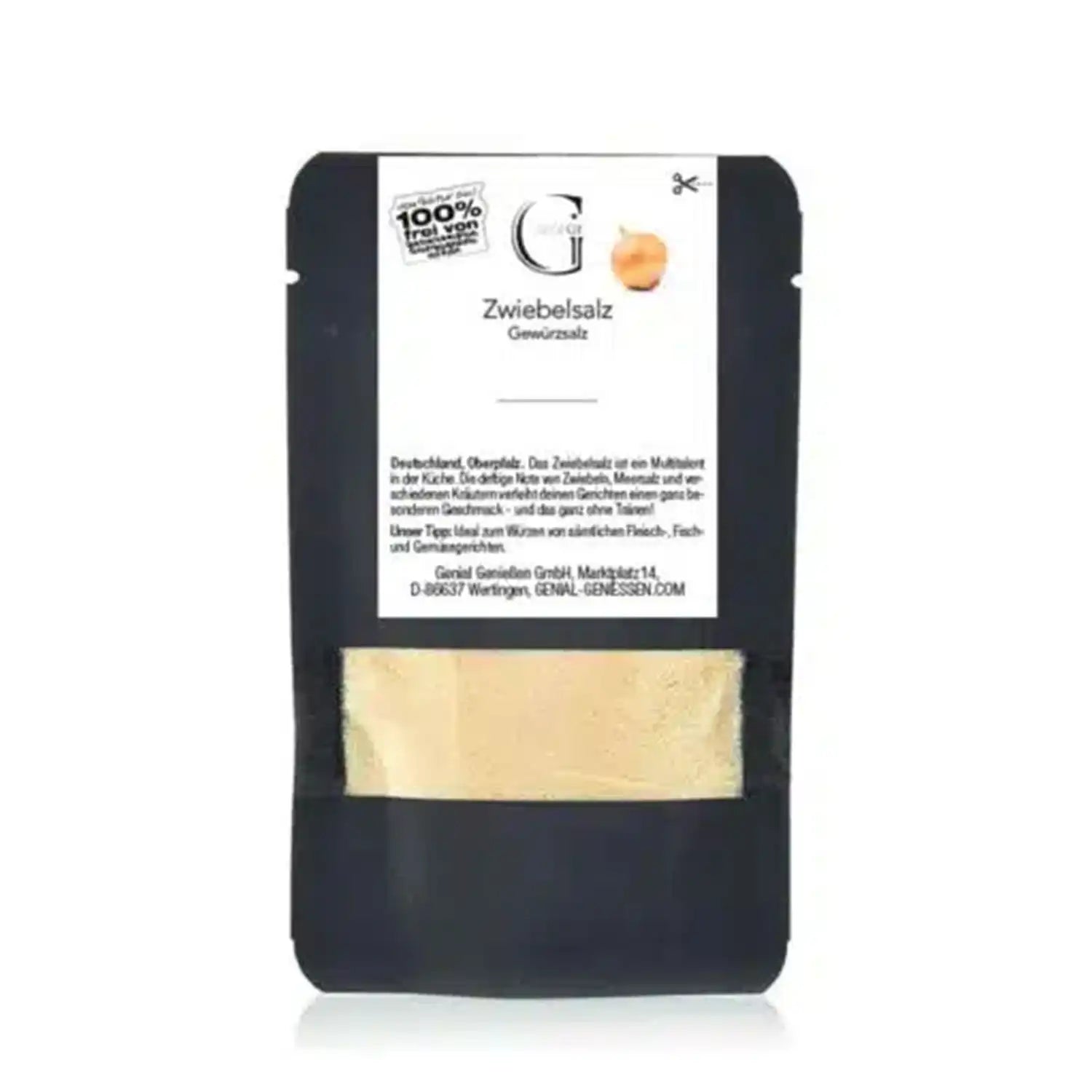 Ein schwarzer Beutel mit Zwiebelsalz mit einem weißen Etikett auf der Vorderseite.